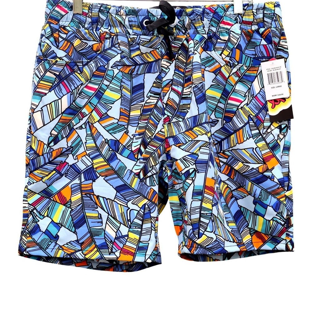 Good Vibes Drill Clothing Co Mens Swim Trunks Blue Multi Leaf Stretch New Large